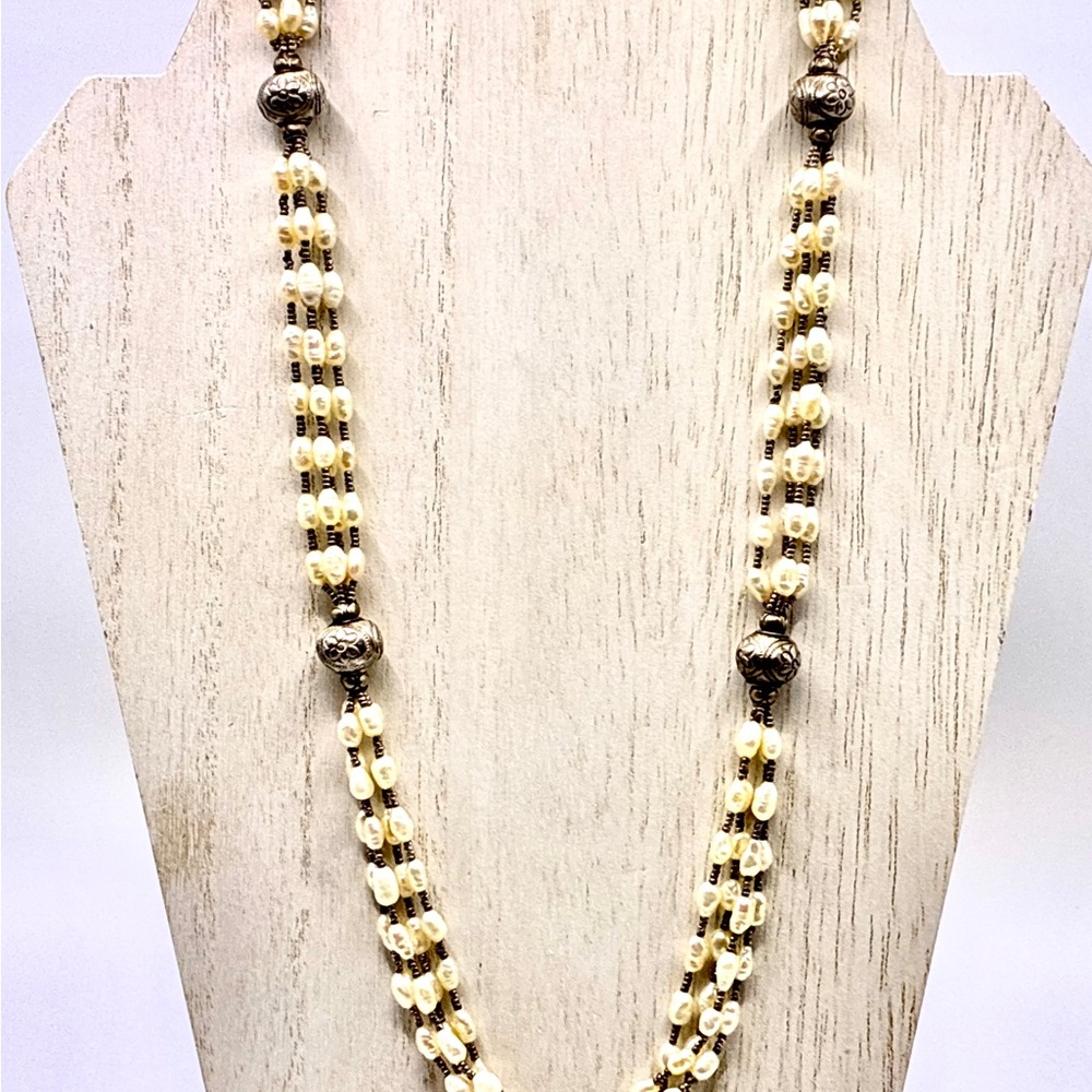 Vintage 4 Strand Faux Rice Pearl Necklace with Silver Seed Beads & Findings 26”